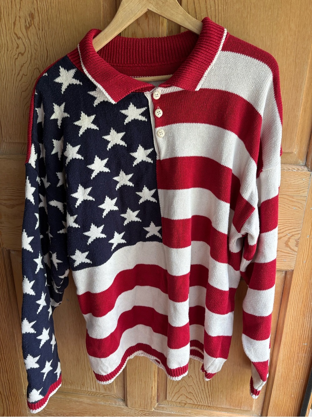 Vintage American Flag Knit Polo Sweater - Red, White & Blue